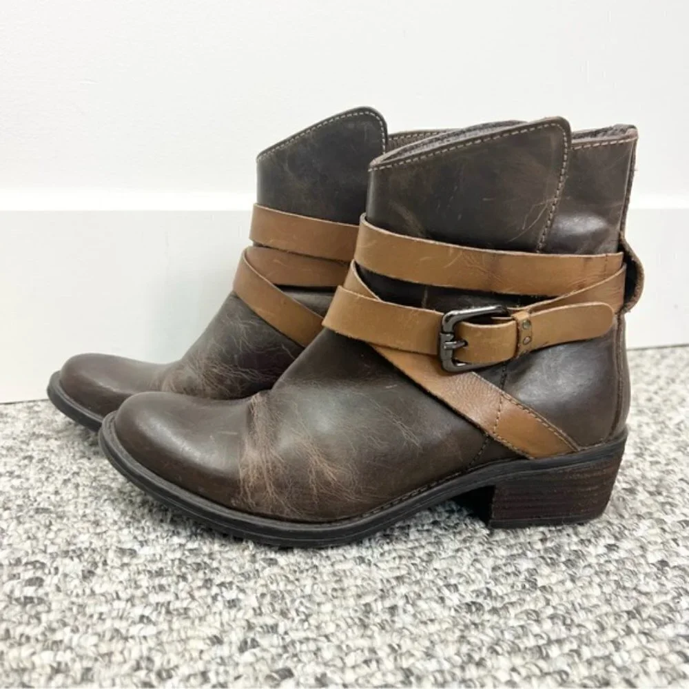 RUDSAK Montreal brown leather distressed buckle moto ankle boots 38